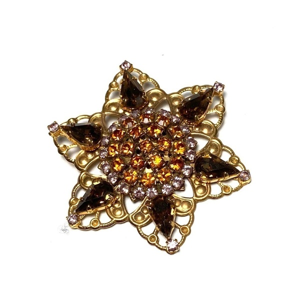 Vintage Brooch Pin Star Crystals Rhinestones Amber Pink Yellow Gold Tone - Picture 2 of 9